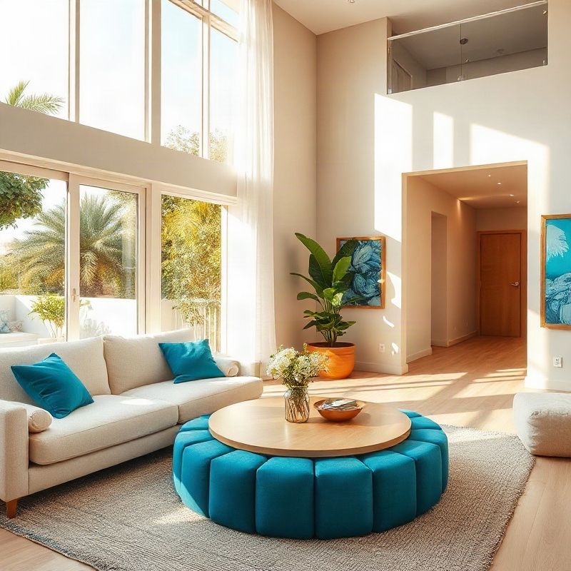 Sala de estar iluminada de apartamento modernista em Porto Alegre com acentos em azul