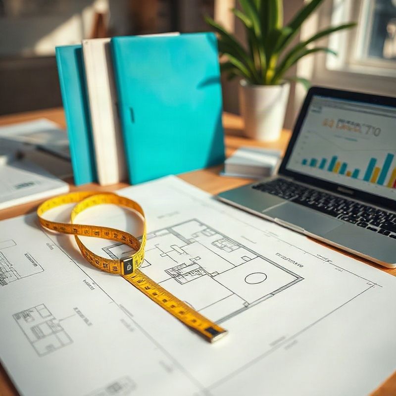 Mesa de arquiteto com plantas técnicas, trena e laptop mostrando dados de mercado